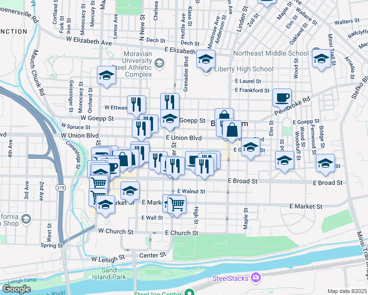 map of restaurants, bars, coffee shops, grocery stores, and more near 121 East Garrison Street in Bethlehem