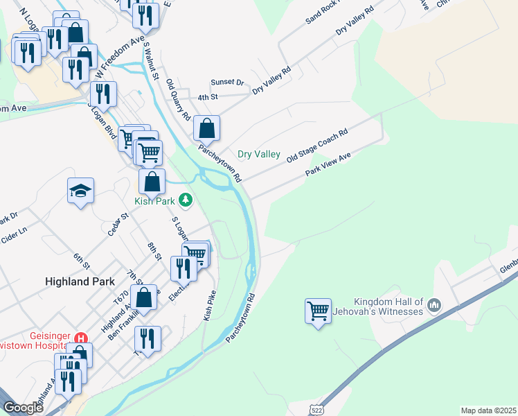 map of restaurants, bars, coffee shops, grocery stores, and more near 982 Parcheytown Road in Lewistown