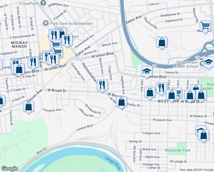map of restaurants, bars, coffee shops, grocery stores, and more near 1863 Richmond Avenue in Bethlehem