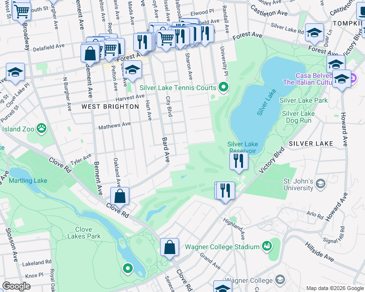 map of restaurants, bars, coffee shops, grocery stores, and more near 18 Sunset Hill Drive in Staten Island