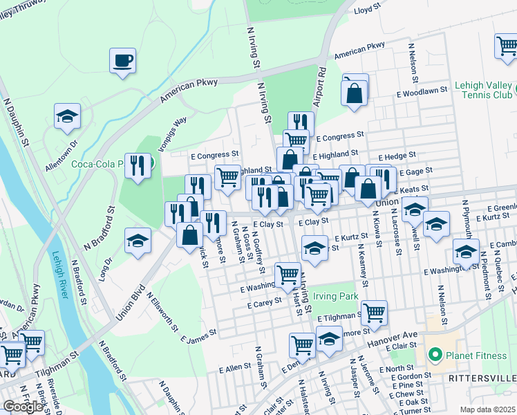 map of restaurants, bars, coffee shops, grocery stores, and more near 757 State Route 1002 in Allentown