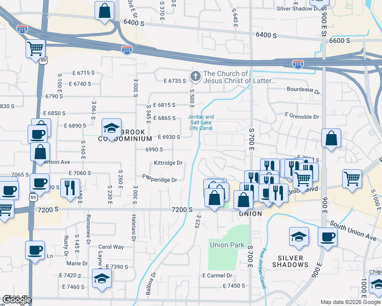 map of restaurants, bars, coffee shops, grocery stores, and more near 490 East 6990 South in Midvale