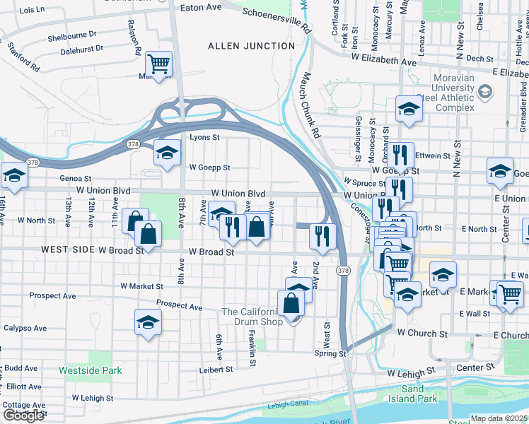 map of restaurants, bars, coffee shops, grocery stores, and more near 719 4th Avenue in Bethlehem