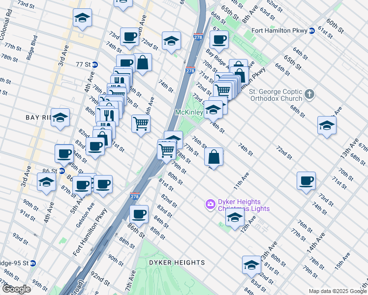 map of restaurants, bars, coffee shops, grocery stores, and more near 916 77th Street in Brooklyn