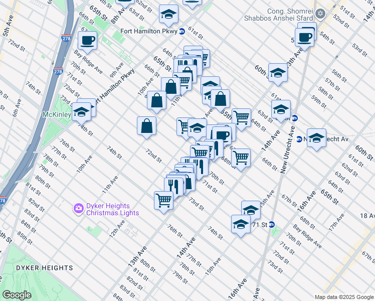 map of restaurants, bars, coffee shops, grocery stores, and more near 1213 70th Street in Brooklyn