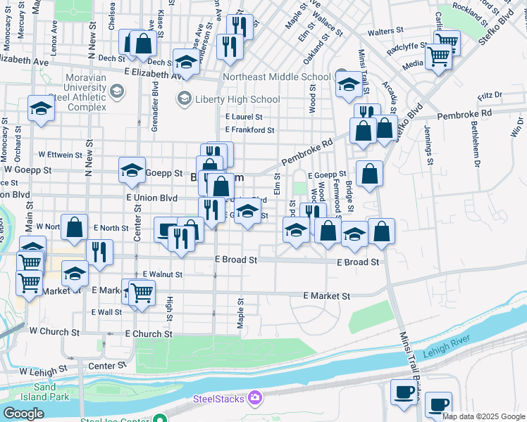 map of restaurants, bars, coffee shops, grocery stores, and more near 433 Flint Street in Bethlehem