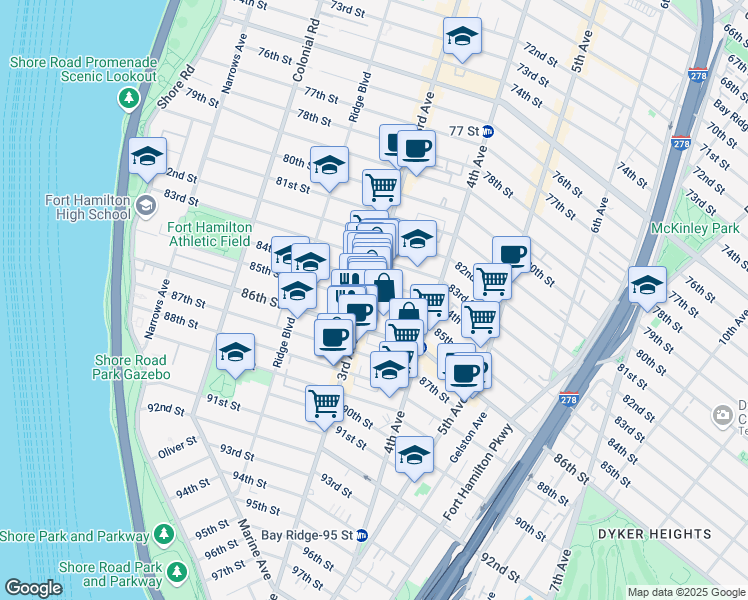 map of restaurants, bars, coffee shops, grocery stores, and more near 8423 3rd Avenue in Brooklyn