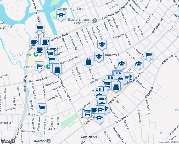map of restaurants, bars, coffee shops, grocery stores, and more near 321 Washington Avenue in Cedarhurst