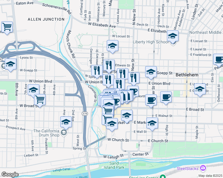 map of restaurants, bars, coffee shops, grocery stores, and more near 80 West Garrison Street in Bethlehem