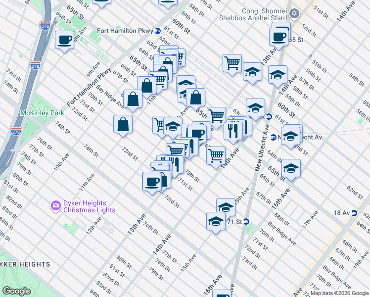 map of restaurants, bars, coffee shops, grocery stores, and more near 1264 68th Street in Brooklyn