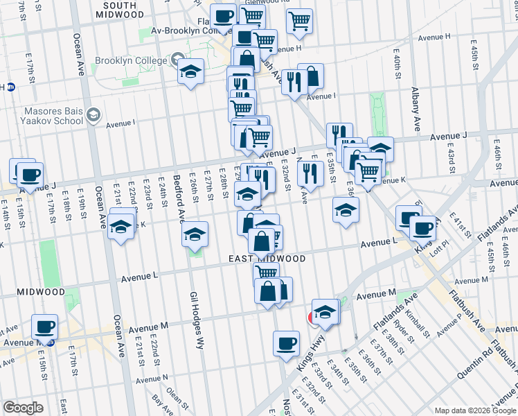 map of restaurants, bars, coffee shops, grocery stores, and more near Nostrand Ave & Avenue K in Brooklyn