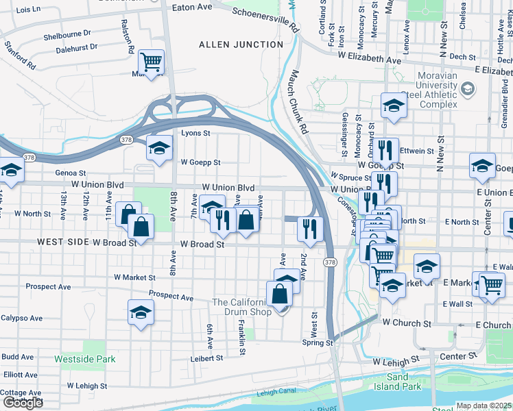 map of restaurants, bars, coffee shops, grocery stores, and more near 719 4th Avenue in Bethlehem