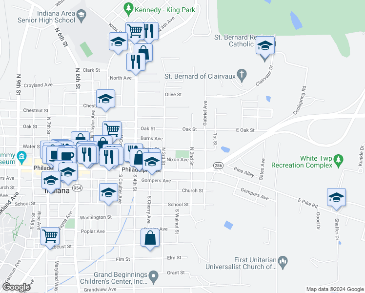 map of restaurants, bars, coffee shops, grocery stores, and more near 221 Water Street in Indiana