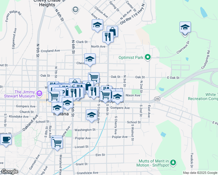 map of restaurants, bars, coffee shops, grocery stores, and more near 383 Water Street in Indiana