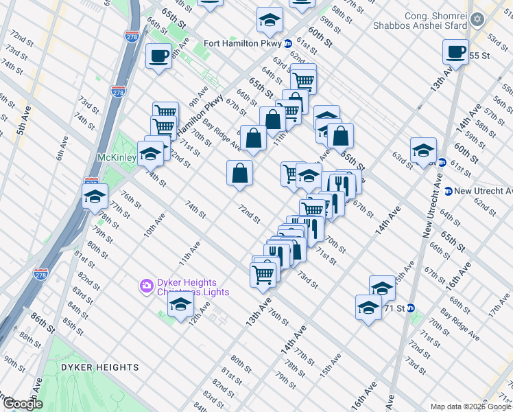 map of restaurants, bars, coffee shops, grocery stores, and more near 1142 71st Street in Brooklyn