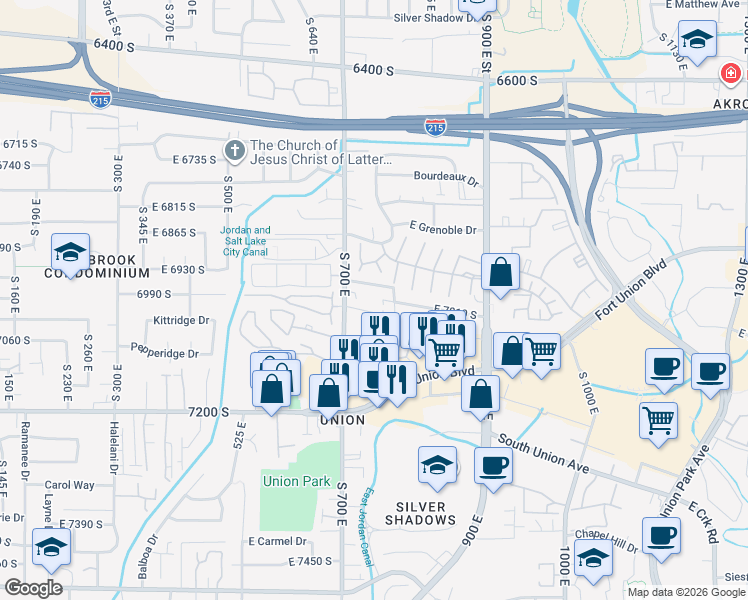 map of restaurants, bars, coffee shops, grocery stores, and more near 6965 South 700 East in Midvale
