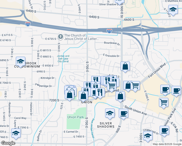 map of restaurants, bars, coffee shops, grocery stores, and more near 6965 South 700 East in Midvale