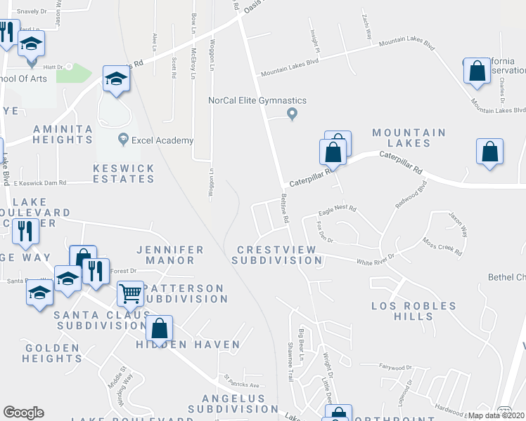 map of restaurants, bars, coffee shops, grocery stores, and more near 1276 Pershing Street in Redding