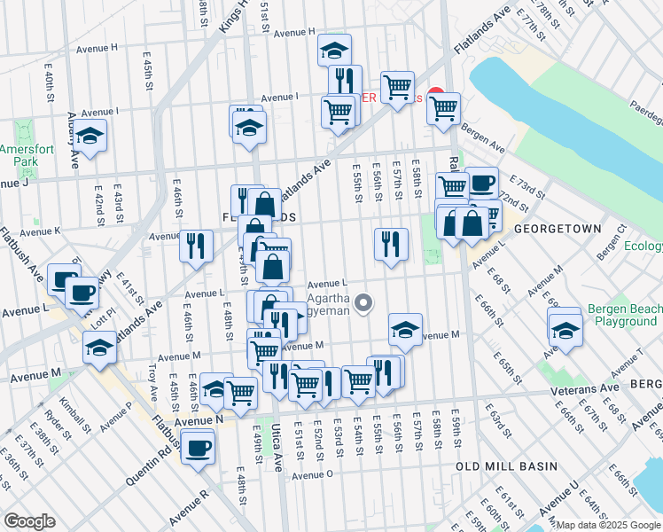 map of restaurants, bars, coffee shops, grocery stores, and more near 1397 East 53rd Street in Brooklyn