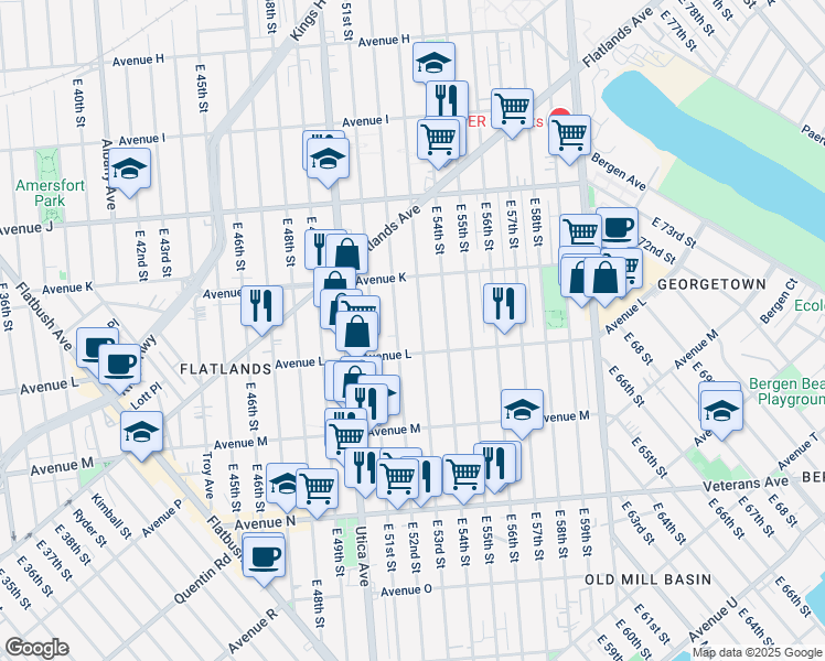 map of restaurants, bars, coffee shops, grocery stores, and more near 1397 East 53rd Street in Brooklyn