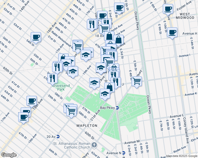map of restaurants, bars, coffee shops, grocery stores, and more near 1965 52nd Street in Brooklyn