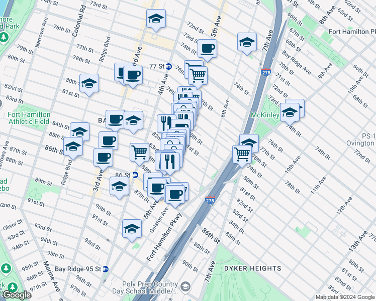 map of restaurants, bars, coffee shops, grocery stores, and more near 533 81st Street in Brooklyn