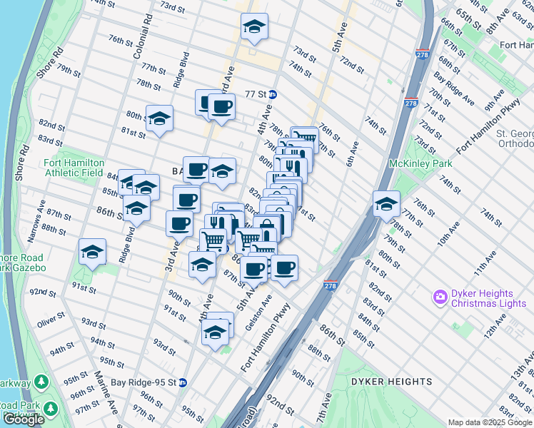 map of restaurants, bars, coffee shops, grocery stores, and more near 439 83rd Street in Brooklyn