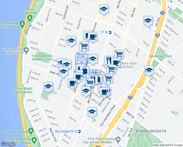 map of restaurants, bars, coffee shops, grocery stores, and more near 383 84th Street in Brooklyn