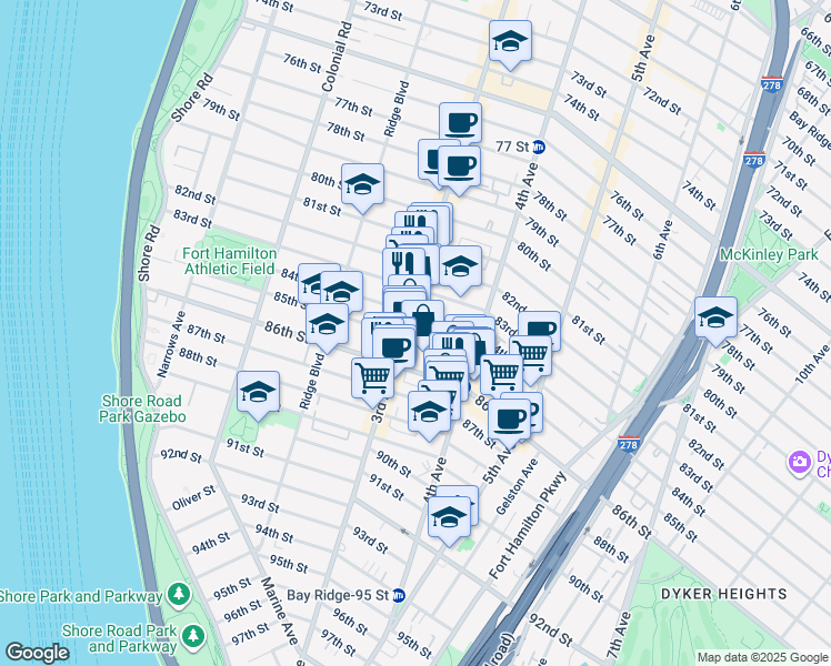 map of restaurants, bars, coffee shops, grocery stores, and more near 330 84th Street in Brooklyn