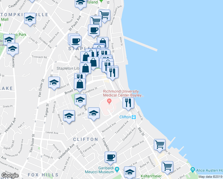 map of restaurants, bars, coffee shops, grocery stores, and more near 722 Bay Street in Staten Island