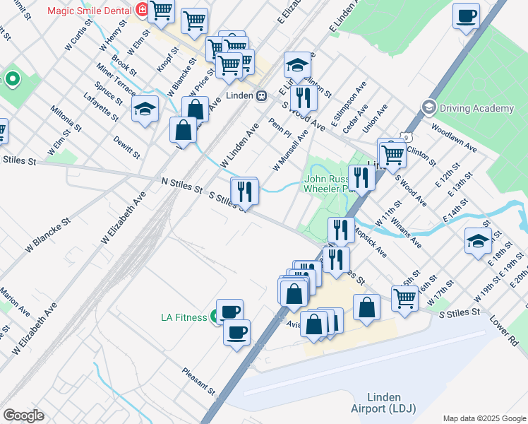 map of restaurants, bars, coffee shops, grocery stores, and more near 400 West Stimpson Avenue in Linden