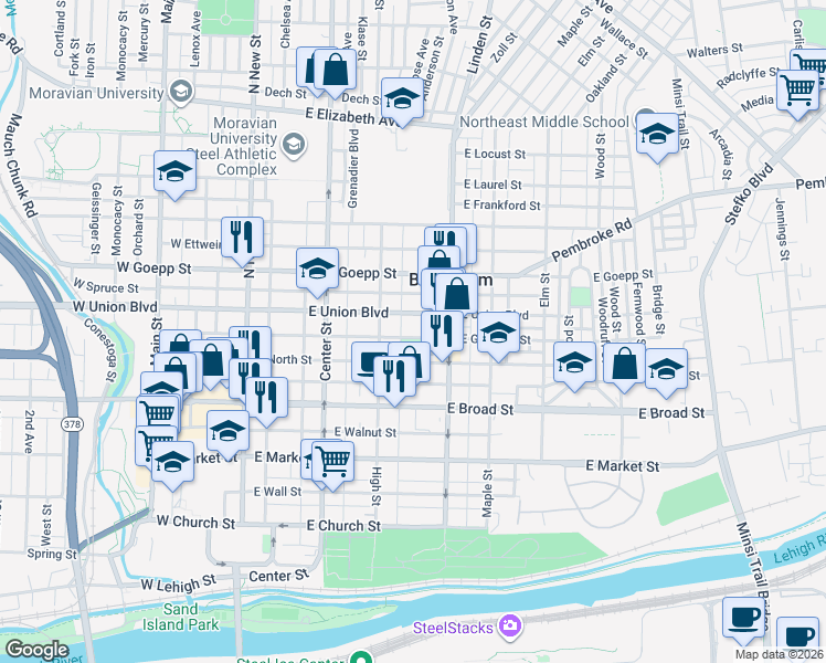 map of restaurants, bars, coffee shops, grocery stores, and more near 227 East Garrison Street in Bethlehem
