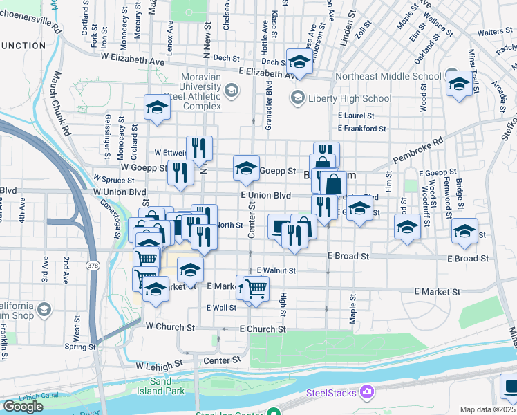 map of restaurants, bars, coffee shops, grocery stores, and more near 732 Center Street in Bethlehem