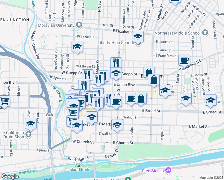map of restaurants, bars, coffee shops, grocery stores, and more near 47 East Garrison Street in Bethlehem