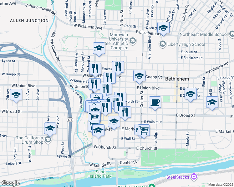 map of restaurants, bars, coffee shops, grocery stores, and more near 728 North New Street in Bethlehem