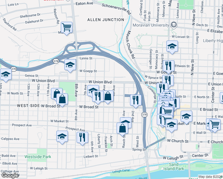map of restaurants, bars, coffee shops, grocery stores, and more near 725 4th Avenue in Bethlehem