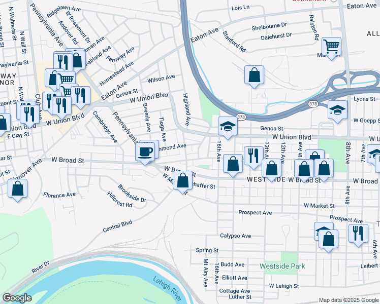 map of restaurants, bars, coffee shops, grocery stores, and more near 648 Highland Avenue in Bethlehem