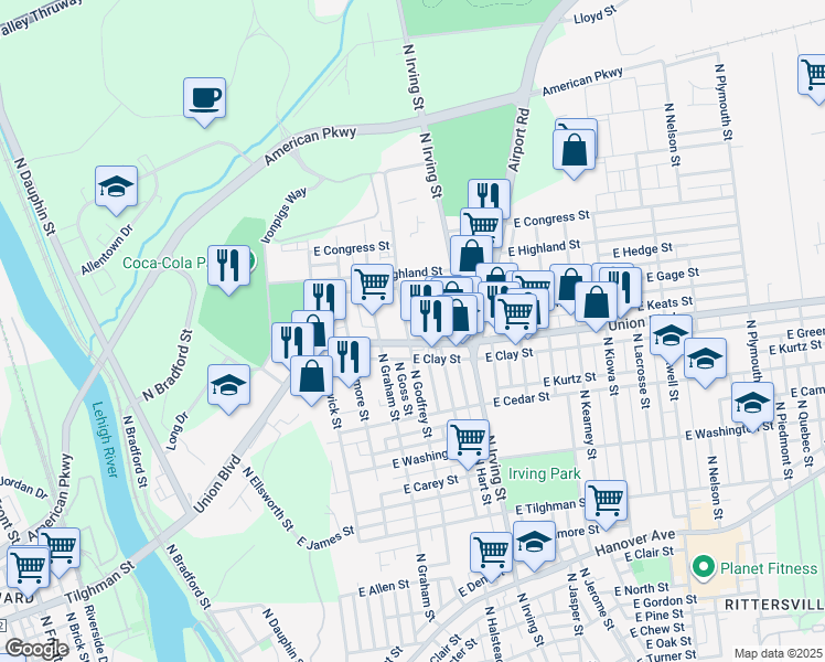 map of restaurants, bars, coffee shops, grocery stores, and more near 757 State Route 1002 in Allentown
