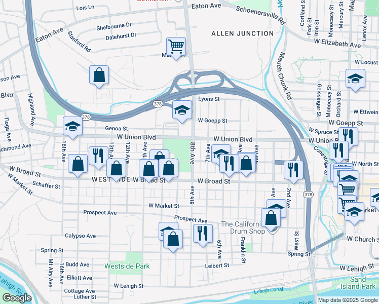 map of restaurants, bars, coffee shops, grocery stores, and more near 1001 West Union Boulevard in Bethlehem