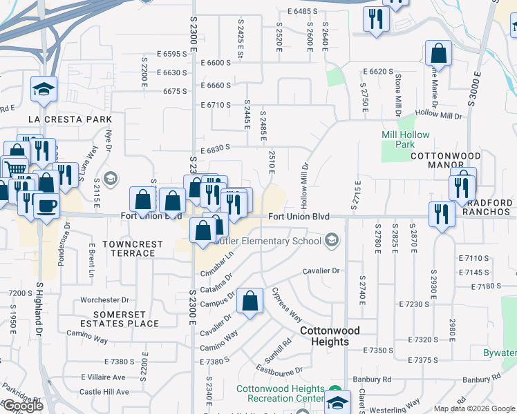 map of restaurants, bars, coffee shops, grocery stores, and more near 2891 East Fort Union Boulevard in Cottonwood Heights