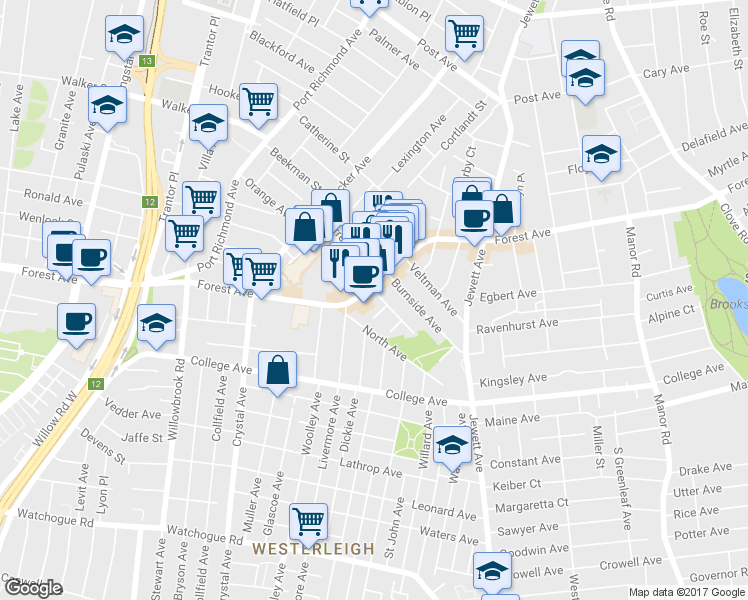 map of restaurants, bars, coffee shops, grocery stores, and more near 12 Eldridge Avenue in Staten Island