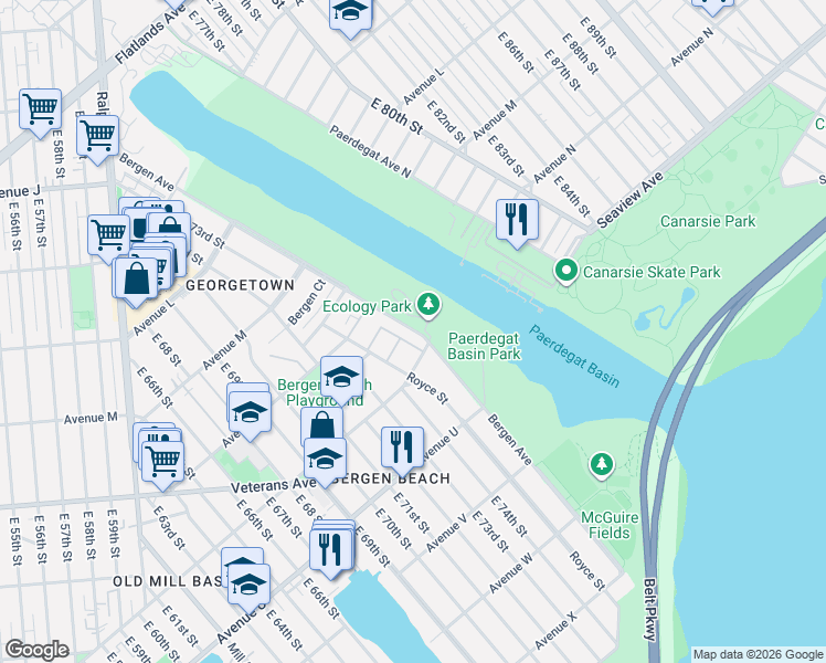 map of restaurants, bars, coffee shops, grocery stores, and more near 1958 Bergen Avenue in Brooklyn