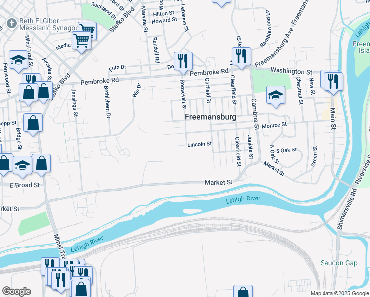 map of restaurants, bars, coffee shops, grocery stores, and more near 1004 Lincoln Street in Freemansburg