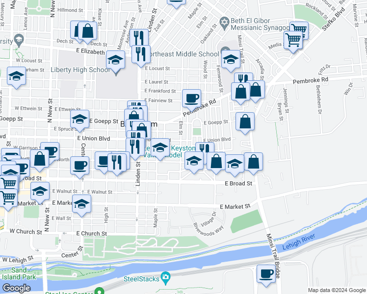 map of restaurants, bars, coffee shops, grocery stores, and more near 734 Elm Street in Bethlehem