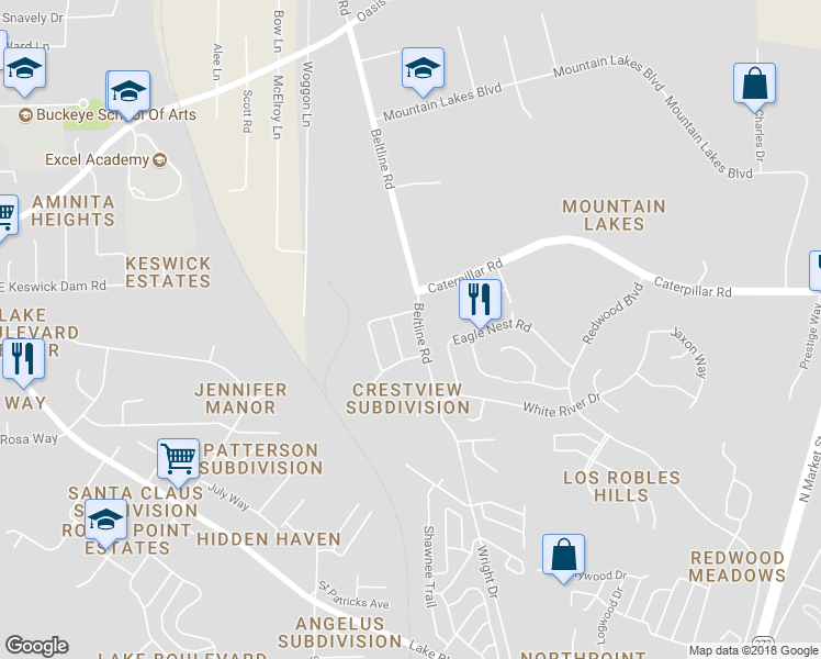map of restaurants, bars, coffee shops, grocery stores, and more near 1268 Beltline Road in Redding