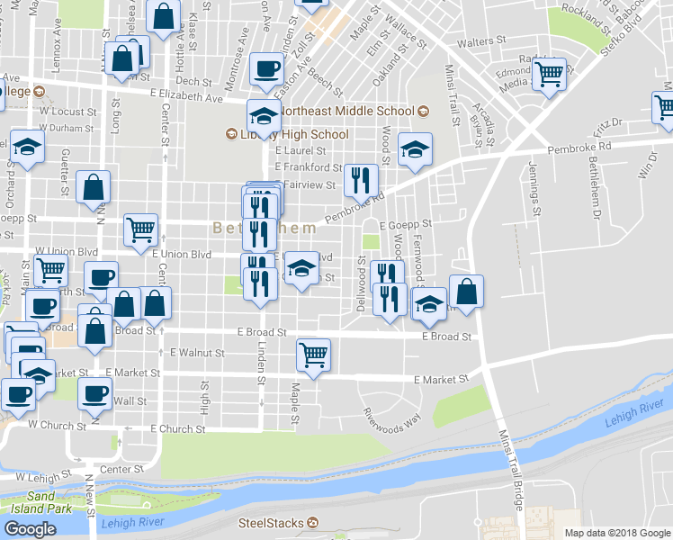map of restaurants, bars, coffee shops, grocery stores, and more near 498 Flint Street in Bethlehem