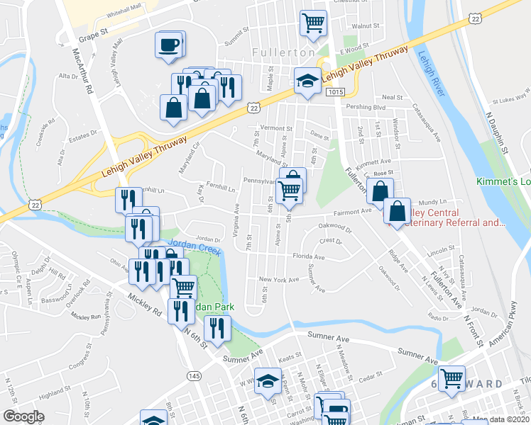 map of restaurants, bars, coffee shops, grocery stores, and more near 304 6th Street in Fullerton