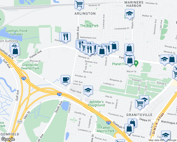 map of restaurants, bars, coffee shops, grocery stores, and more near 69 Birch Road in Staten Island