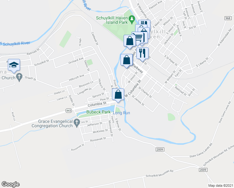 map of restaurants, bars, coffee shops, grocery stores, and more near 20 North Berne Street in Schuylkill Haven