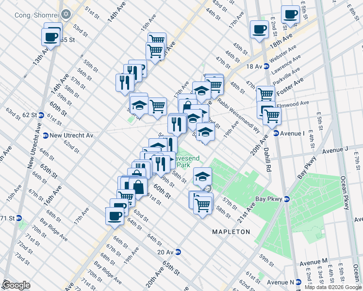 map of restaurants, bars, coffee shops, grocery stores, and more near 5515 18th Avenue in Brooklyn